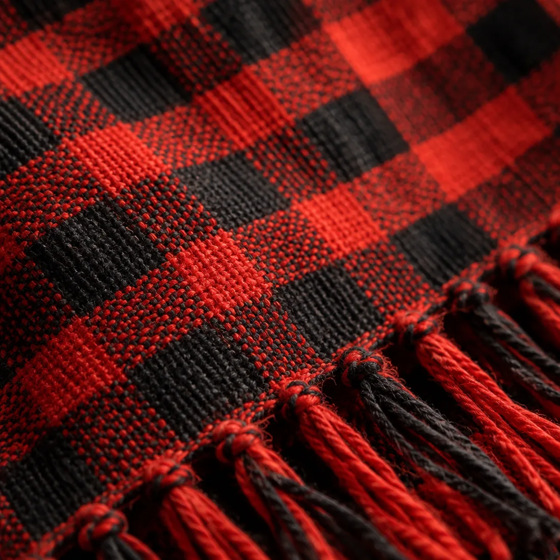 Macro detail of the handwoven red and black shuka showing thread and fringe