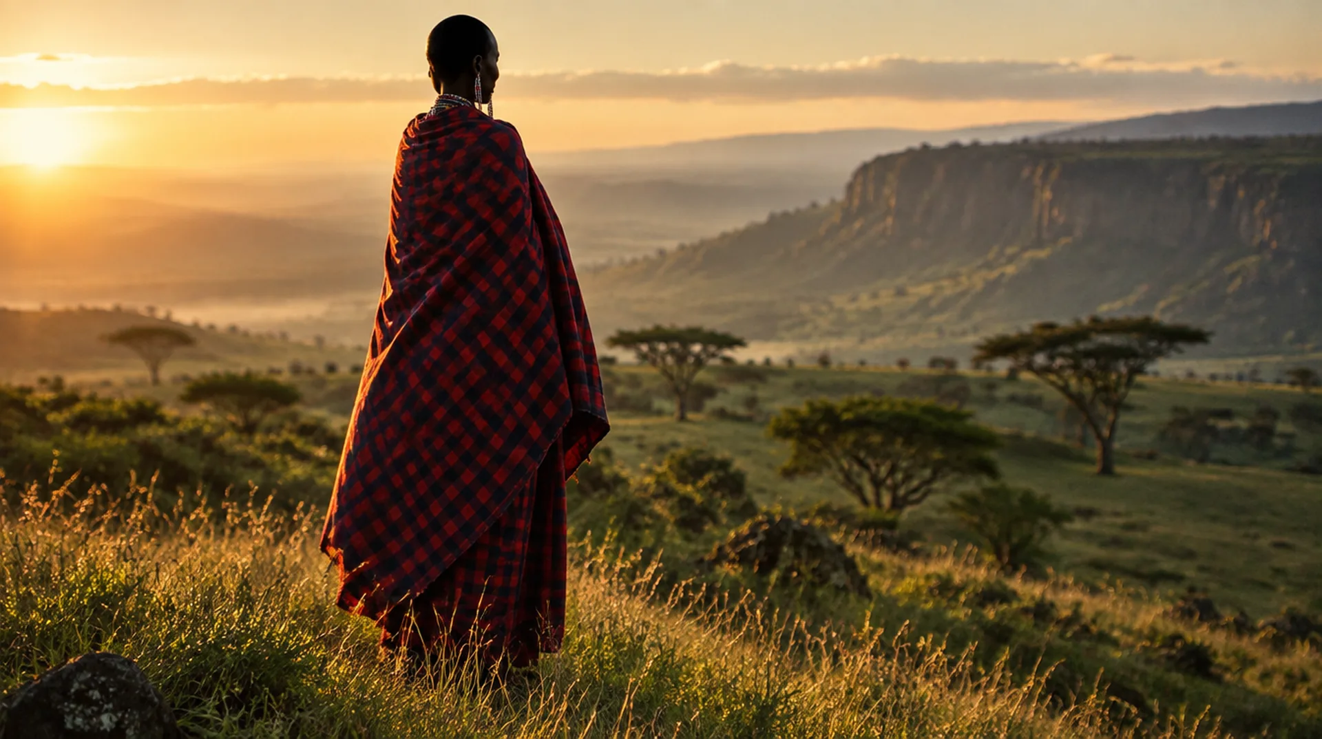 A woman wrapped in a red and black checked Maasai shuka on a ridge in the Kenyan highlands at sunrise