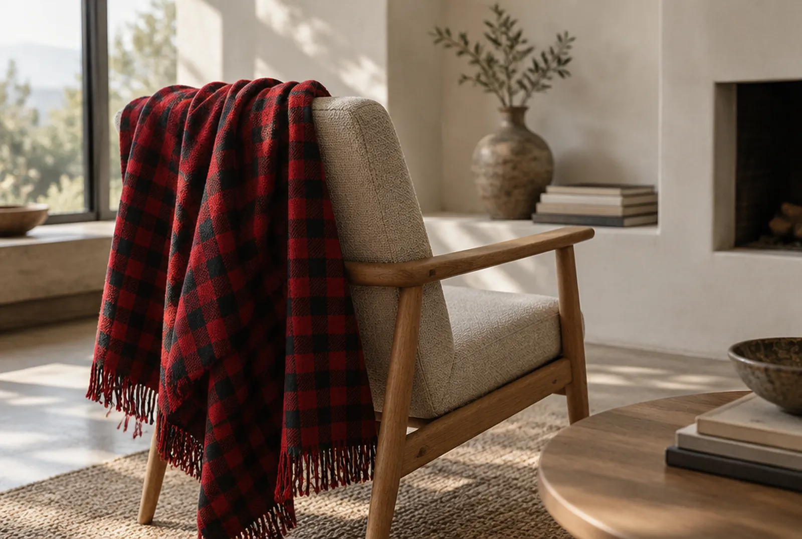 A red checked shuka draped over an oak armchair in a sunlit modern room