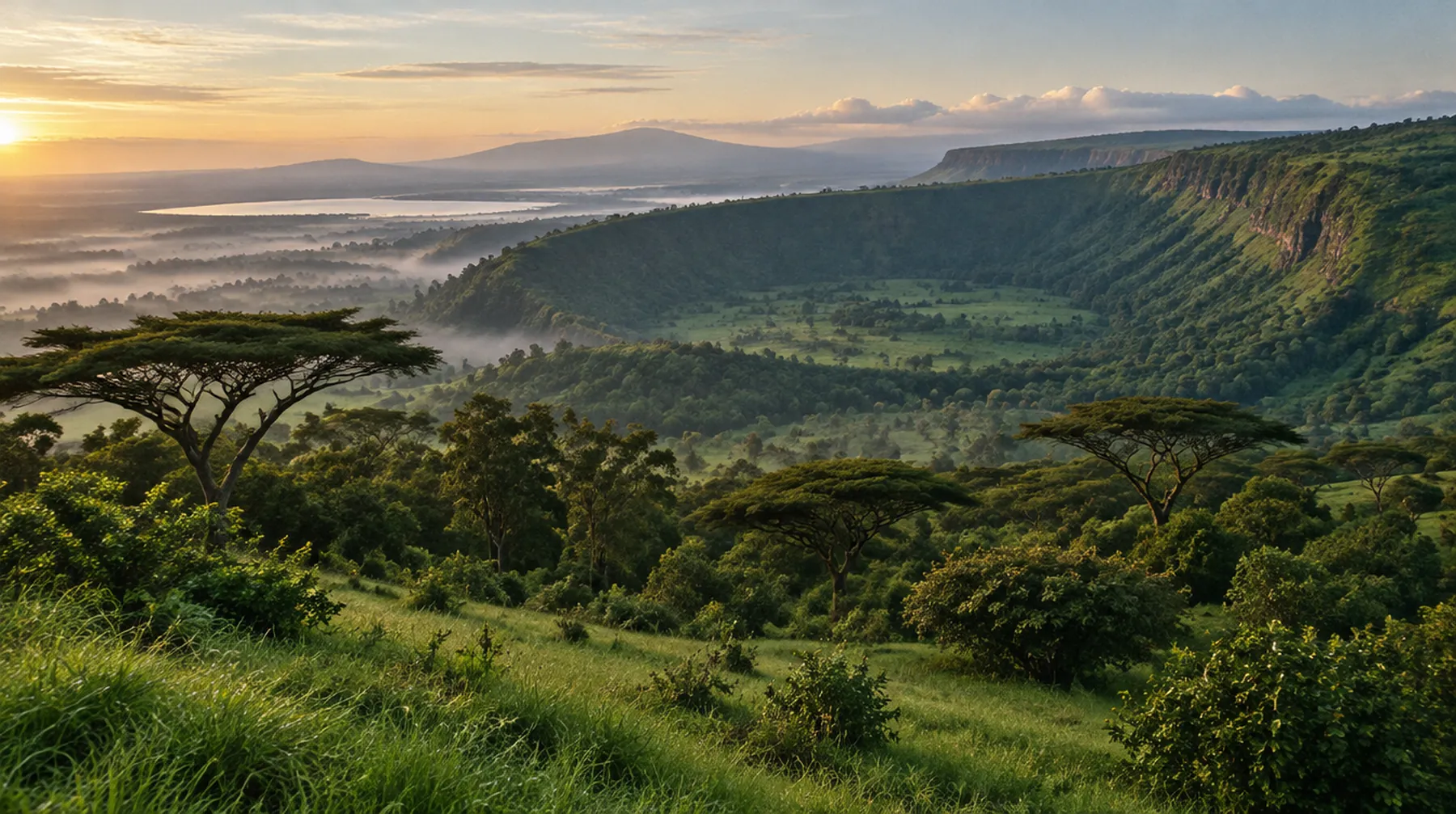 Green highland country near Nakuru in the Kenyan Rift Valley at dawn