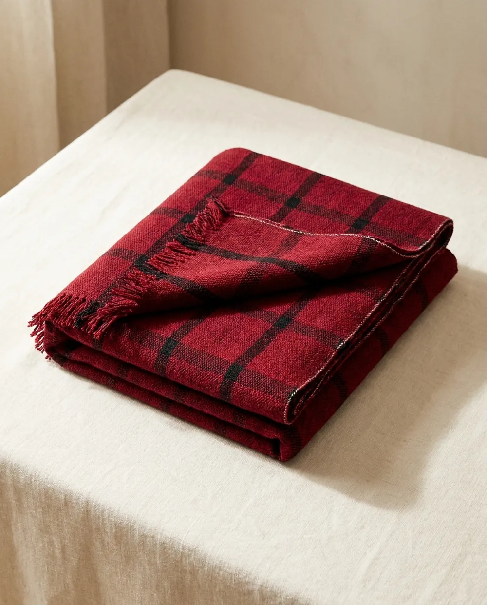 Folded deep red and black checked Maasai shuka