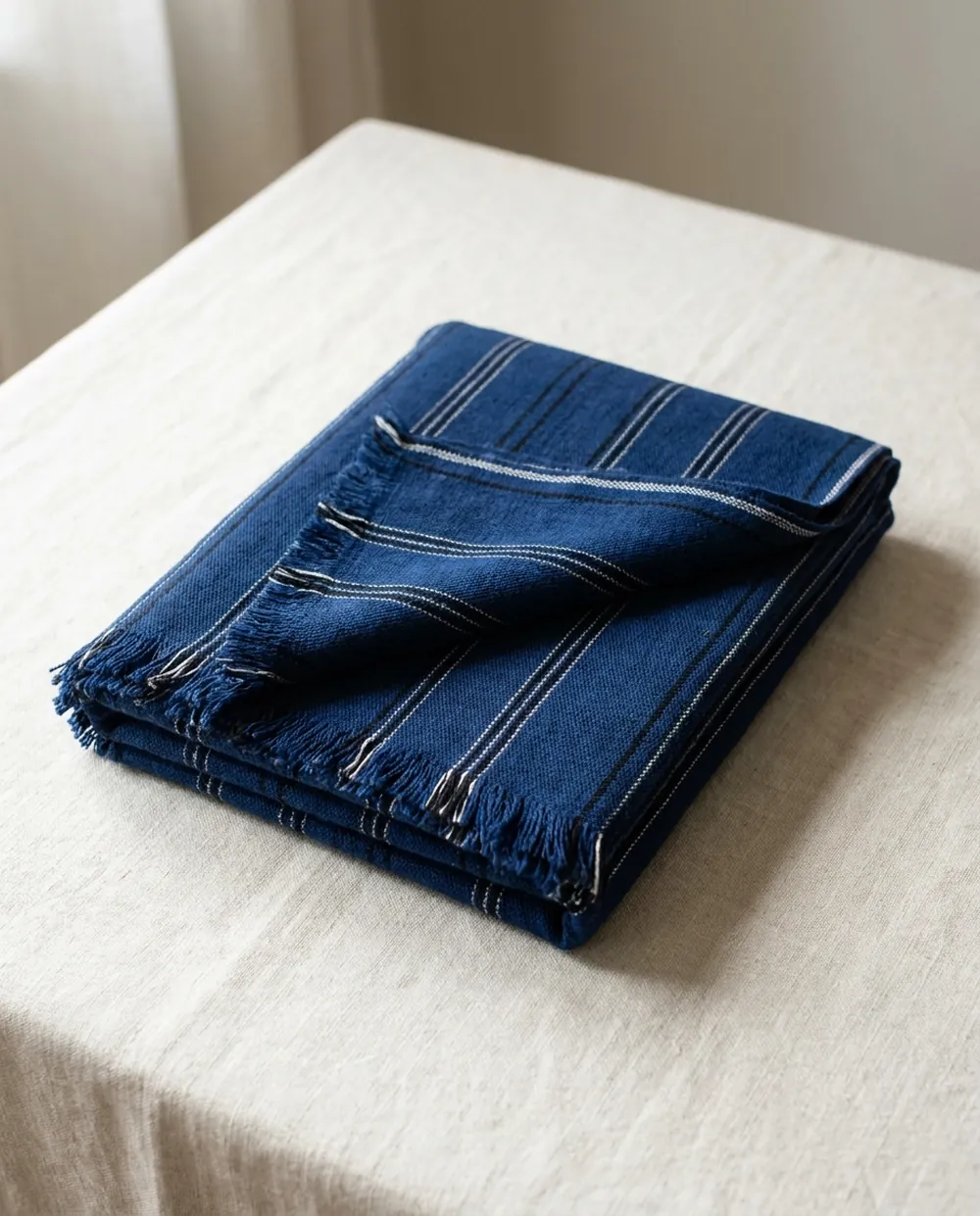Folded indigo blue striped Maasai shuka